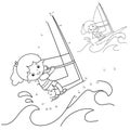 Puzzle Game for kids: numbers game. Cartoon surfer on waves. Windsurfing. Coloring book for children