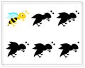 A puzzle game for preschool children. find the right shadow. Cartoon bee, wasp. Silhouette. Vector Royalty Free Stock Photo