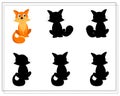 a puzzle game for preschool children. find the right shadow. Cartoon cat. Silhouette. Vector illustration Royalty Free Stock Photo