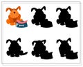 a puzzle game for preschool children. find the right shadow. Dog with a bowl cartoon. Silhouette. Vector illustration Royalty Free Stock Photo