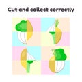 Puzzle game for preschool and school age children. cut and collect correctly. vegetables, garlic, turnip, broccoli, potatoes