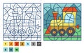 Puzzle game train locomotive, color by number sheet for children. Vector coloring page for learning numbers