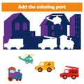 Puzzle game. Visual Educational Game for children. Task: find the missing parts. Worksheet for preschool kids. Royalty Free Stock Photo