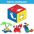 Puzzle game. Visual Educational Game for children. Task: find the missing parts. Worksheet for preschool kids. Vector illustration