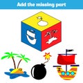 Puzzle game. Visual Educational Game for children. Task: find the missing parts. Worksheet for preschool kids. Vector illustration