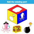 Puzzle game. Visual Educational Game for children. Task: find the missing parts. Worksheet for preschool kids. Vector illustration