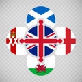 Puzzle from Great Britain flags on transparent background. United Kingdom Flags Puzzle. Set of puzzles with flags of England, Scot