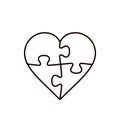 Puzzle Heart four piece line illustration, vector outline object isolated on white background Royalty Free Stock Photo