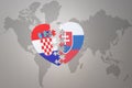 Puzzle heart with the national flag of croatia and slovakia on a world map background.Concept
