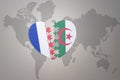 Puzzle heart with the national flag of france and algeria on a world map background. Concept Royalty Free Stock Photo
