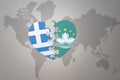 puzzle heart with the national flag of Macau and greece on a world map background.Concept Royalty Free Stock Photo