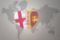 puzzle heart with the national flag of sri lanka and england on a world map background.Concept