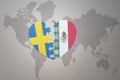 Puzzle heart with the national flag of sweden and mexico on a world map background. Concept