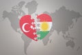 Puzzle heart with the national flag of turkey and kurdistan on a world map background. Concept