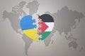 Puzzle heart with the national flag of ukraine and palestine on a world map background. Concept Royalty Free Stock Photo