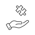Puzzle and Human Hand Line Icon. Jigsaw Piece, Success Teamwork Linear Pictogram. Solution, Idea, Strategy, Problem