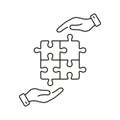 Puzzle and Human Hands Line Icon. Problem Solving, Strategy, Solution Outline Sign. Successful Teamwork. Jigsaw Pieces Royalty Free Stock Photo