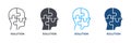 Puzzle in Human Head, Solution Silhouette and Line Icon Set. Creation Idea, Person Brain and Jigsaw Pictogram