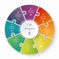 Puzzle infographic circle with 8 steps, options, pieces. Eight-part cycle chart.