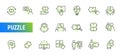 Puzzle jigsaw solution line icon. Puzzle piece vector stroke outline framework plan template