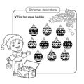 Puzzle for kids. Kid mind game. Assorted things to find the match. Christmas balls set. Royalty Free Stock Photo