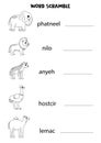 Puzzle for kids. Word scramble for children. Black and white African animals