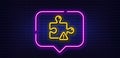 Puzzle line icon. Jigsaw piece with attention sign. Neon light speech bubble. Vector