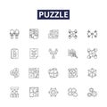 Puzzle line vector icons and signs. Brainteaser, Jigsaw, Game, Search, Conundrum, Jolly, Inquiry, Cipher outline vector