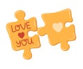 Puzzle with love. Two pieces matched jigsaw. Romantic element.