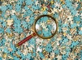 Puzzle mess and chaos through magnifying lens. Missing jigsaw piece among scattered parts. overflow of information Royalty Free Stock Photo