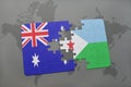 puzzle with the national flag of australia and djibouti on a world map background. Royalty Free Stock Photo