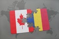 puzzle with the national flag of canada and romania on a world map background. Royalty Free Stock Photo