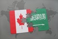 puzzle with the national flag of canada and saudi arabia on a world map background. Royalty Free Stock Photo