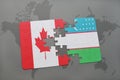 puzzle with the national flag of canada and uzbekistan on a world map background. Royalty Free Stock Photo