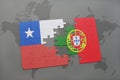 puzzle with the national flag of chile and portugal on a world map background.