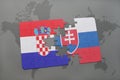 puzzle with the national flag of croatia and slovakia on a world map background.