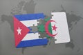 puzzle with the national flag of cuba and algeria on a world map background.