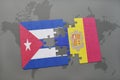 puzzle with the national flag of cuba and andorra on a world map background.