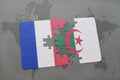 puzzle with the national flag of france and algeria on a world map background. Royalty Free Stock Photo