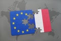 Puzzle with the national flag of france and european union on a world map background.