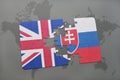 puzzle with the national flag of great britain and slovakia on a world map background