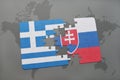 puzzle with the national flag of greece and slovakia on a world map background.
