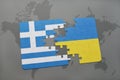 puzzle with the national flag of greece and ukraine on a world map background.