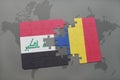 puzzle with the national flag of iraq and romania on a world map background.