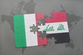 puzzle with the national flag of italy and iraq on a world map background.