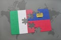 puzzle with the national flag of italy and liechtenstein on a world map background.