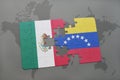 puzzle with the national flag of mexico and venezuela on a world map background.