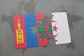 puzzle with the national flag of mongolia and algeria on a world map