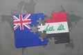 Puzzle with the national flag of new zealand and iraq on a world map background. 3D illustration