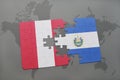 puzzle with the national flag of peru and el salvador on a world map background.